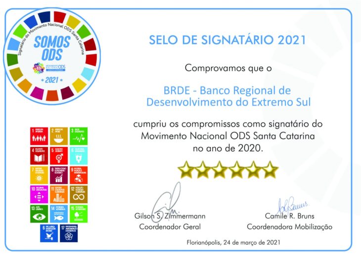 BRDE recebe selo signatário 2021 e renova compromisso com o desenvolvimento sustentável